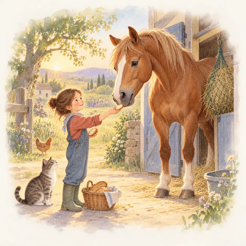 Un enfant tend un morceau de pain à un cheval alezan à la porte du box, près d’un panier de pain et d’un chat
