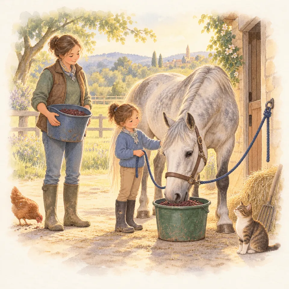 Une femme apporte un seau de nourriture à un cheval gris attaché, tandis qu’une enfant tient la longe dans la cour de la ferme