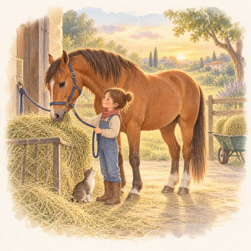 Un enfant porte une brassée de foin près d’un cheval bai qui mange dans un tas devant la porte de son box