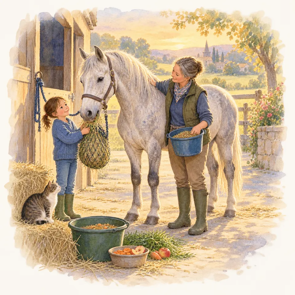 Un cheval gris attend devant l’écurie tandis qu’une fillette remplit un filet de foin et qu’une femme tient un seau de granulés, avec un chat près de la botte de paille