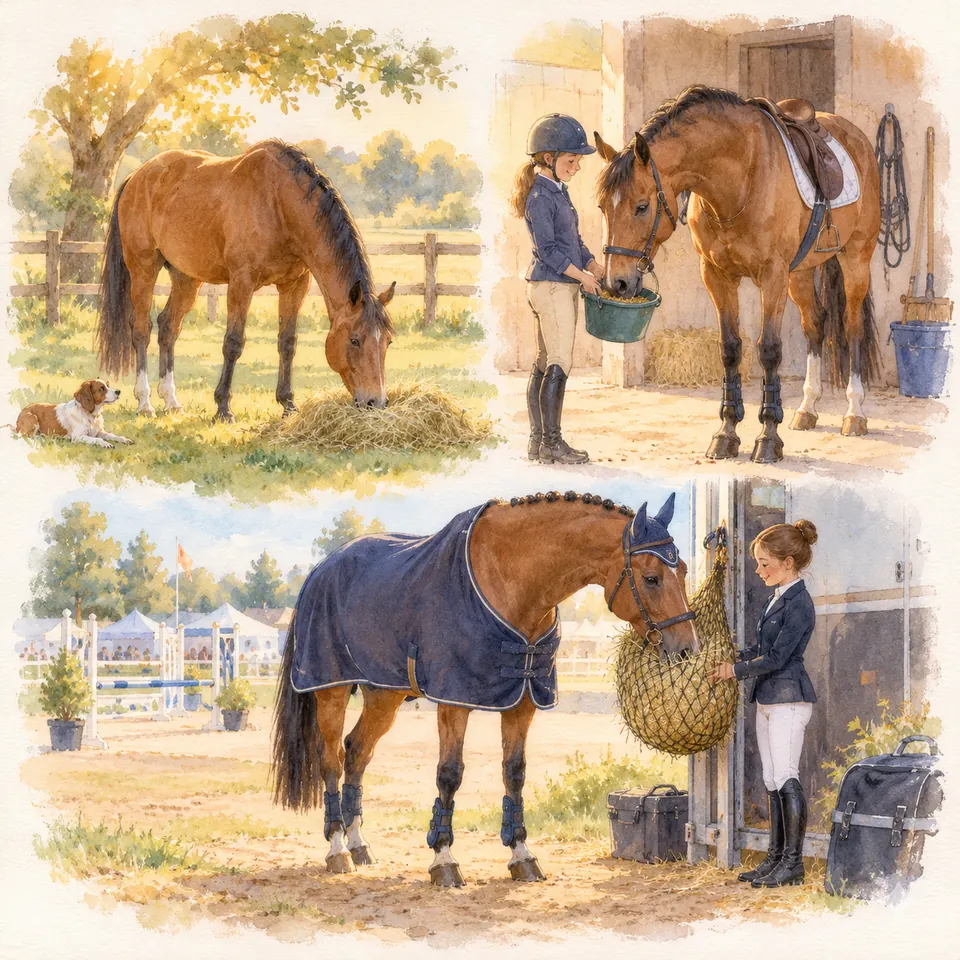 Des chevaux bais mangent du foin au pré et près de l’écurie, où des cavalières présentent un seau et un filet à foin