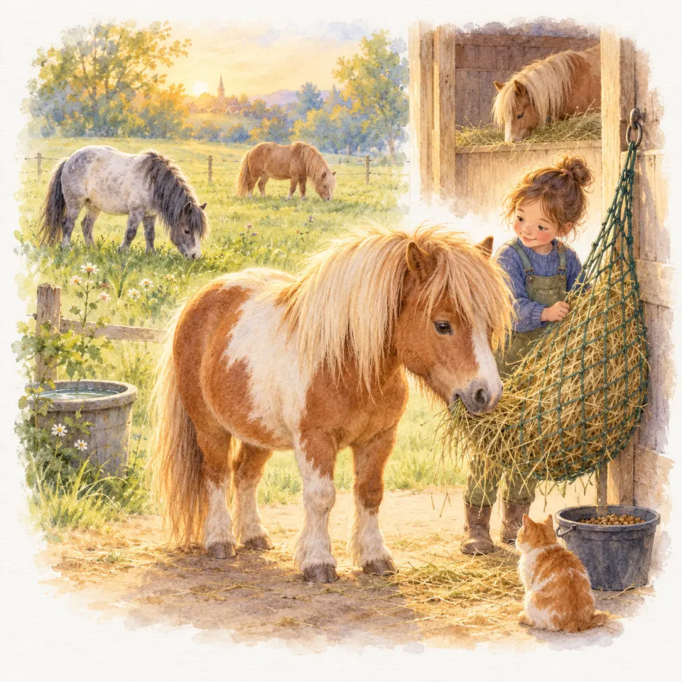 Un poney pie alezan mange dans un filet à foin tenu par une enfant devant l’écurie, tandis que deux poneys broutent au pré