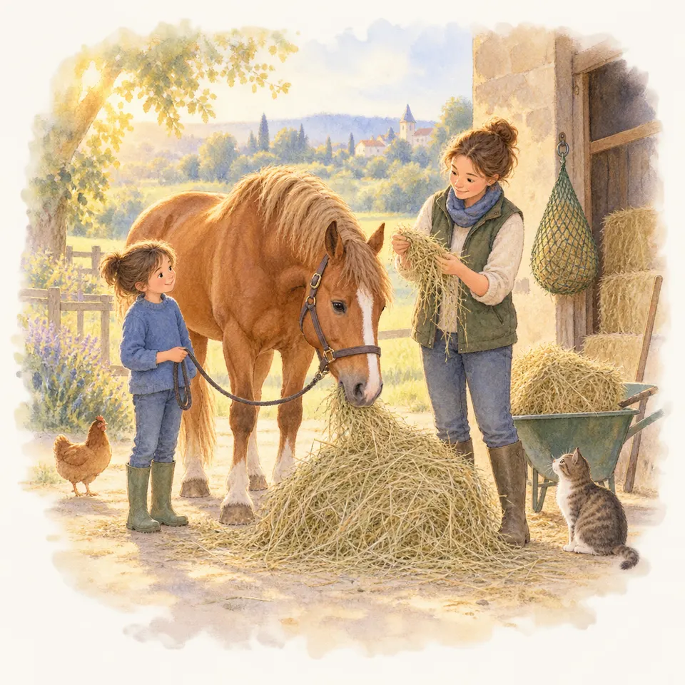 Une enfant examine une poignée de foin près d’un cheval alezan aux crins clairs qui mange un tas de foin devant l’écurie