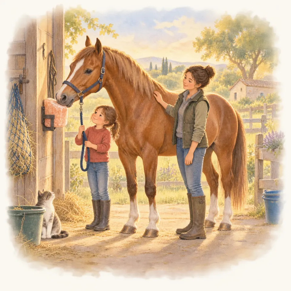 Un cheval alezan lèche une pierre à sel rose suspendue à un poteau de l’écurie, près d’une enfant assise sur une botte de foin