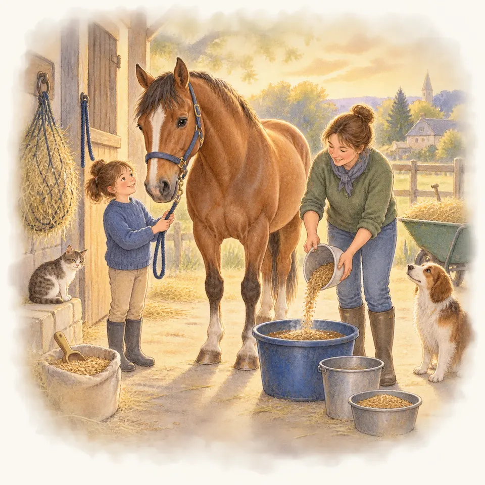 Dans une écurie, un cheval alezan porte un licol tandis qu’une enfant tient sa longe et qu’une femme verse de l’avoine dans un seau, avec un chat et un chien