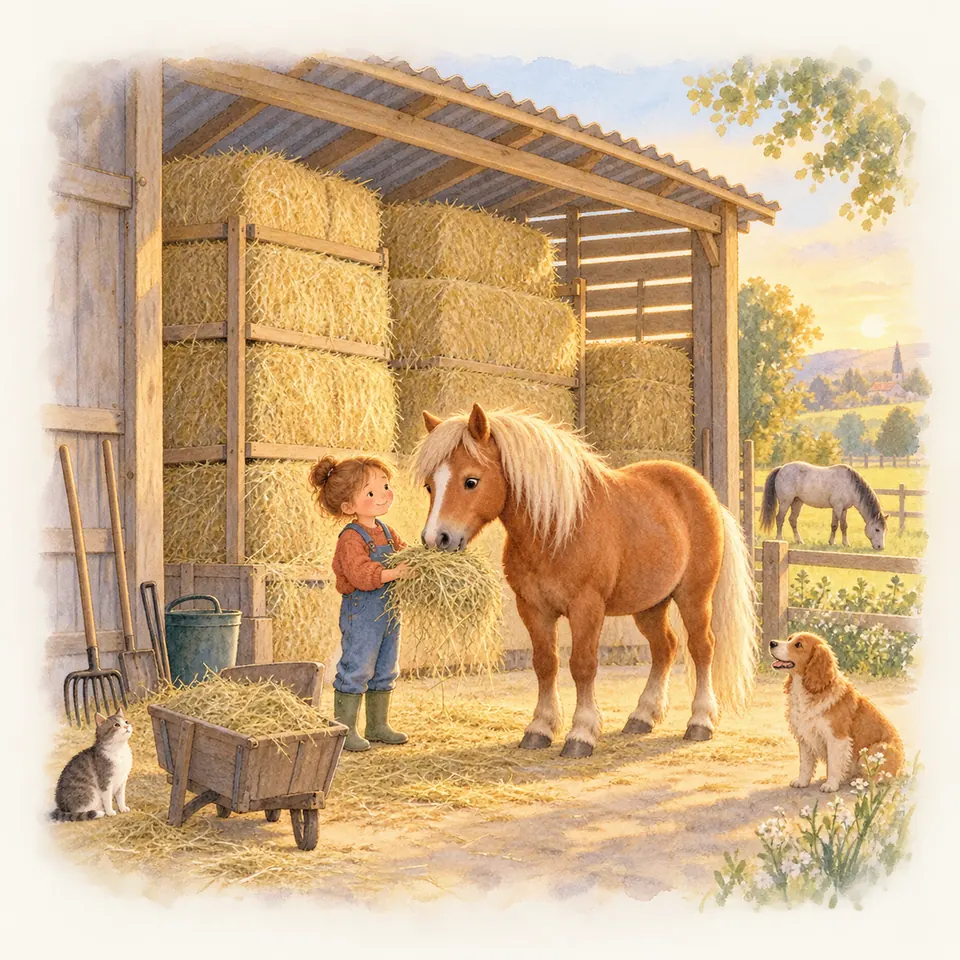 Une enfant tient du foin devant un poney alezan aux crins clairs, sous un abri où des bottes sont empilées près d’une brouette
