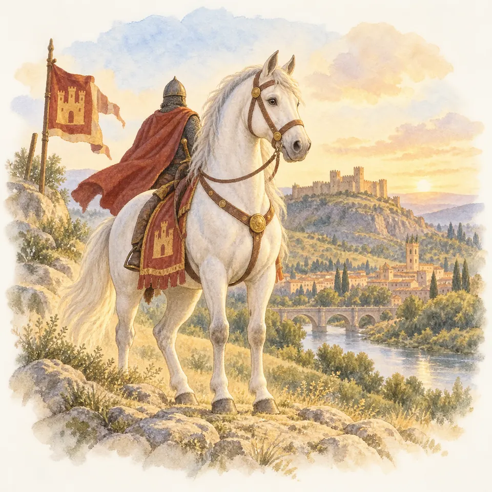 Babieca, cheval gris monté par un cavalier en armure et cape rouge, se tient sur un chemin face à une cité fortifiée