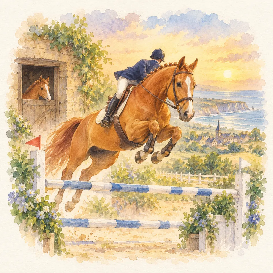 Baloubet du Rouet, cheval alezan monté par un cavalier, franchit un obstacle à barres bleues et blanches près d’une écurie