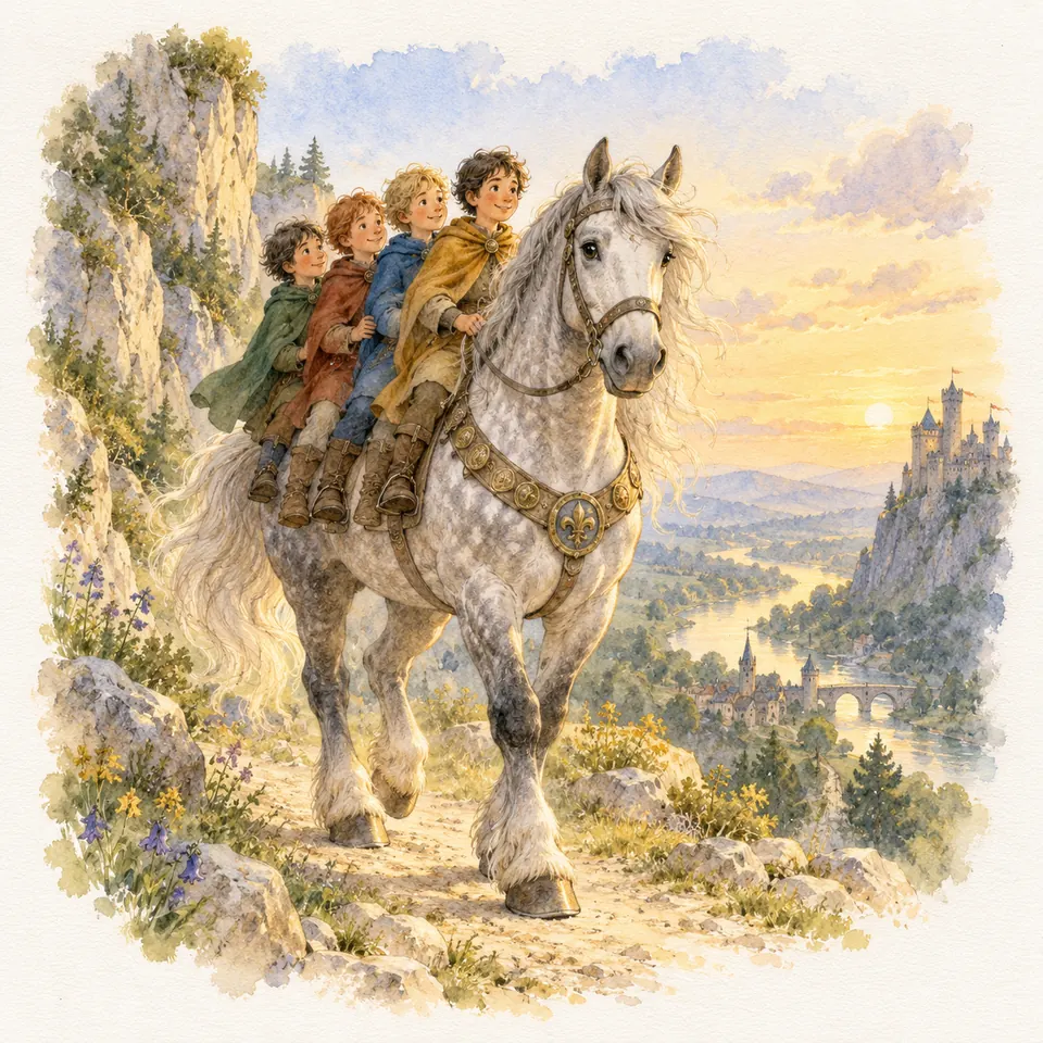 Bayard, cheval gris portant quatre enfants sur son dos, avance sur un sentier rocheux au-dessus d’une vallée et d’un château