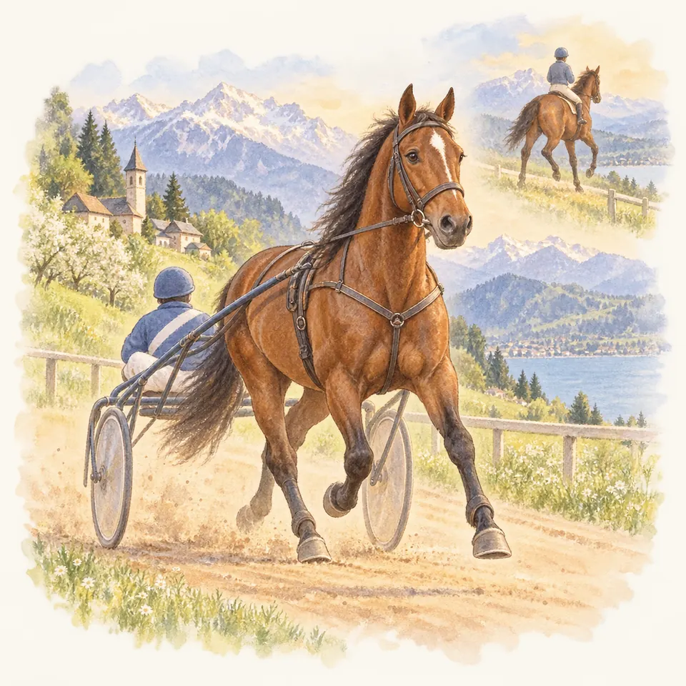 Bellino II, cheval bai attelé à un sulky mené par un driver casqué, trotte sur une piste au bord d’un lac de montagne