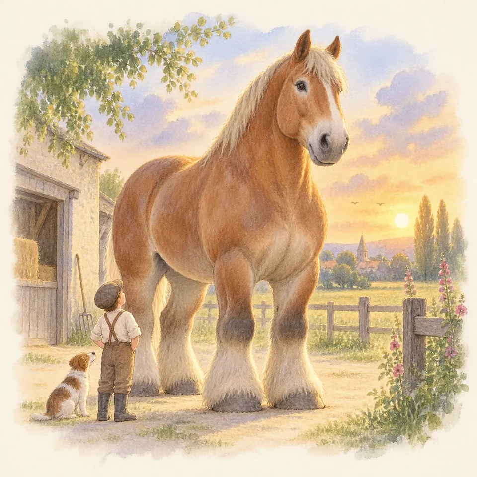 Big Jake, grand cheval alezan aux crins clairs, se tient près d’un enfant et d’un chien devant une écurie