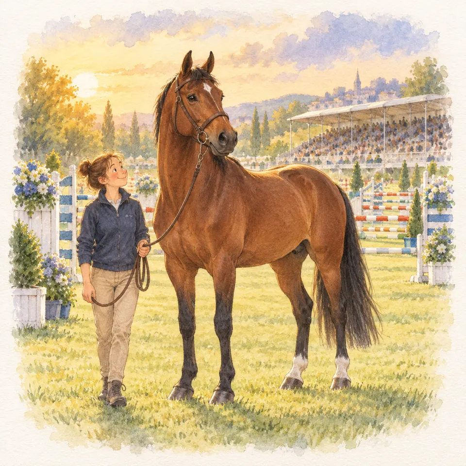 Big Star, cheval bai tenu en main par une cavalière, se tient sur l’herbe près des obstacles et des tribunes d’un concours
