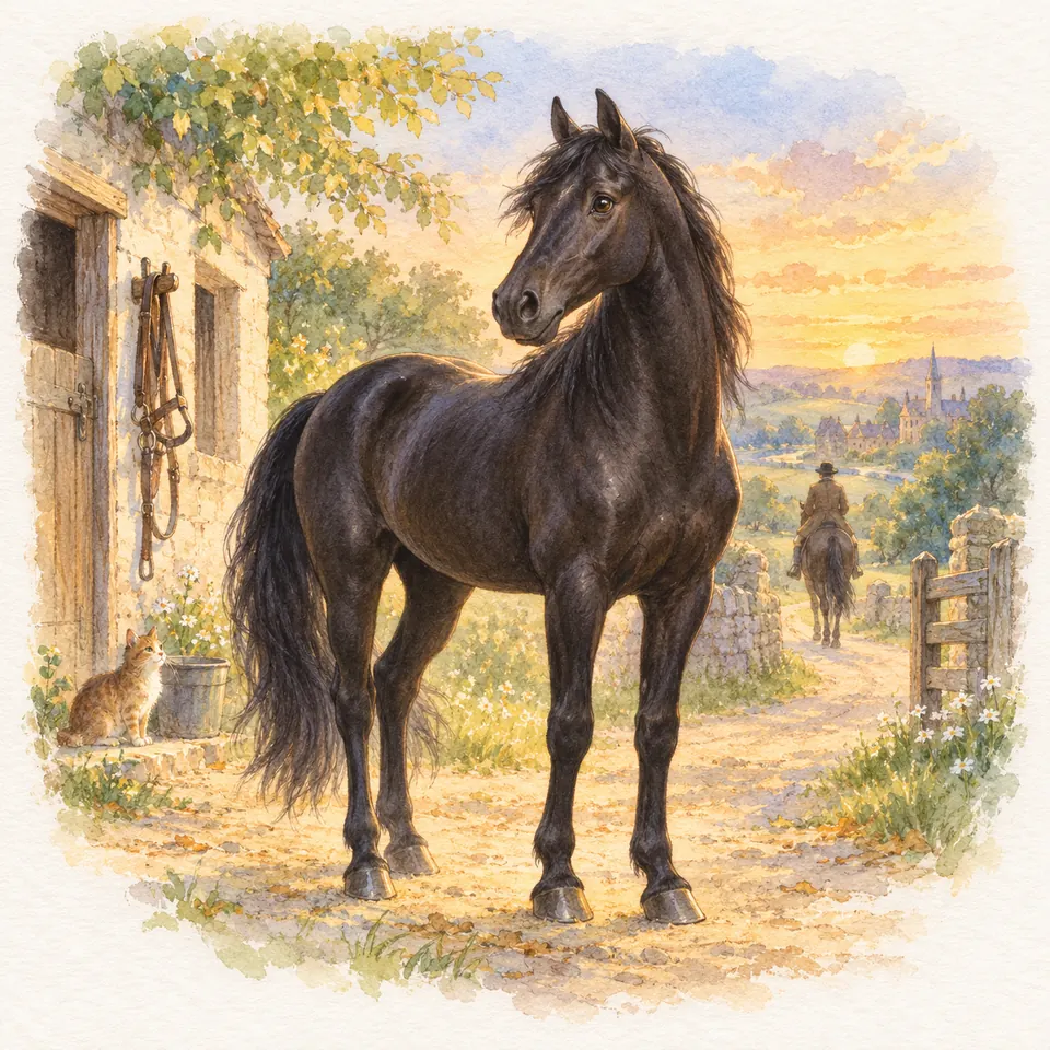 Black Beauty, cheval noir à la longue crinière, se tient devant une écurie tandis qu’un cavalier s’éloigne sur un chemin