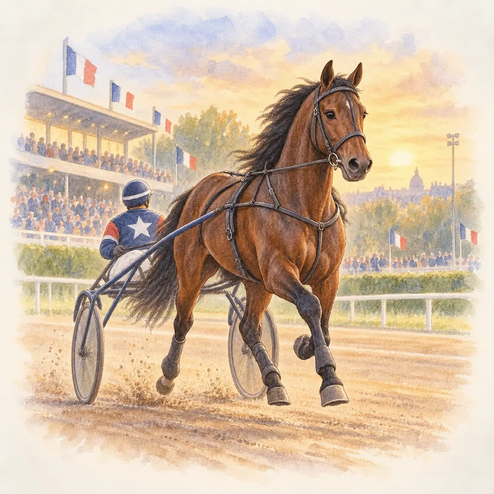 Bold Eagle, cheval bai attelé à un sulky, trotte sur la piste d’un hippodrome devant les tribunes, guidé par un driver