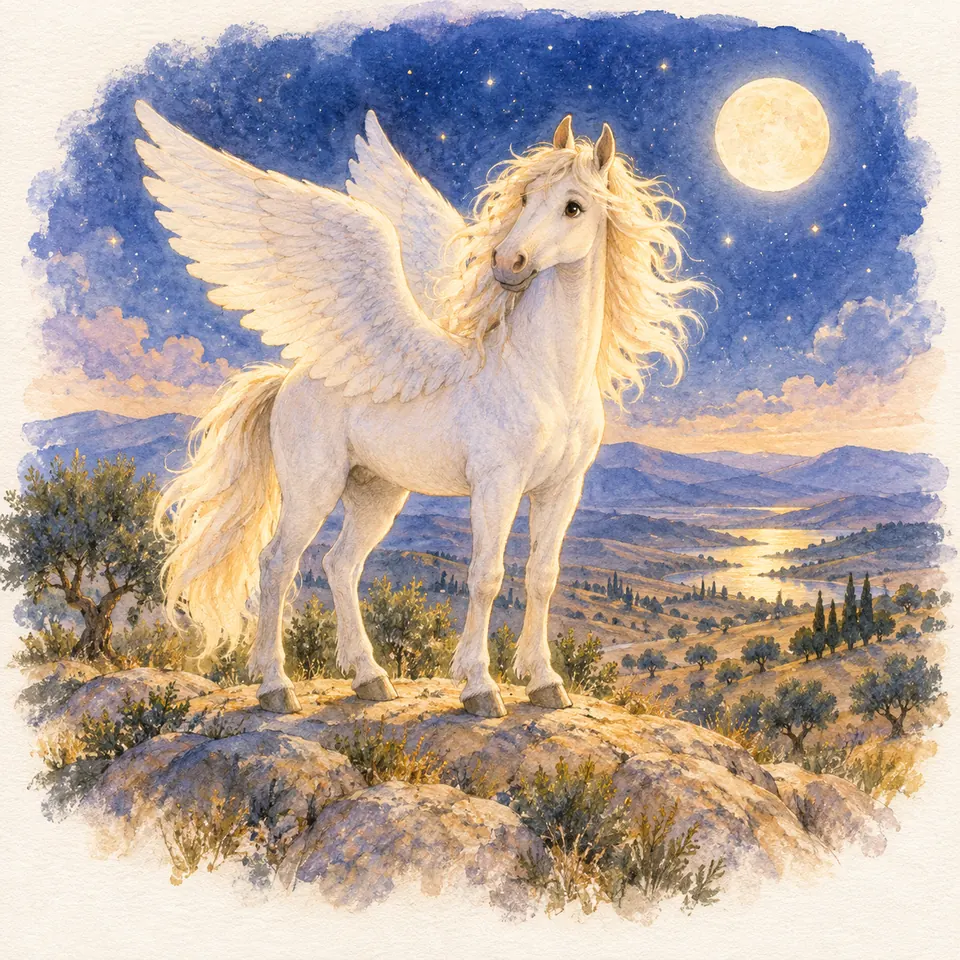 Bouraq, cheval blanc aux grandes ailes déployées, se tient sur un promontoire rocheux sous la lune et un ciel étoilé
