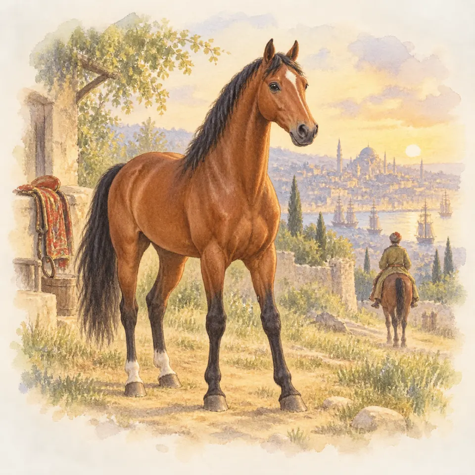 Byerley Turk, cheval bai avec deux balzanes aux postérieurs, se tient près d’une selle, devant une ville portuaire