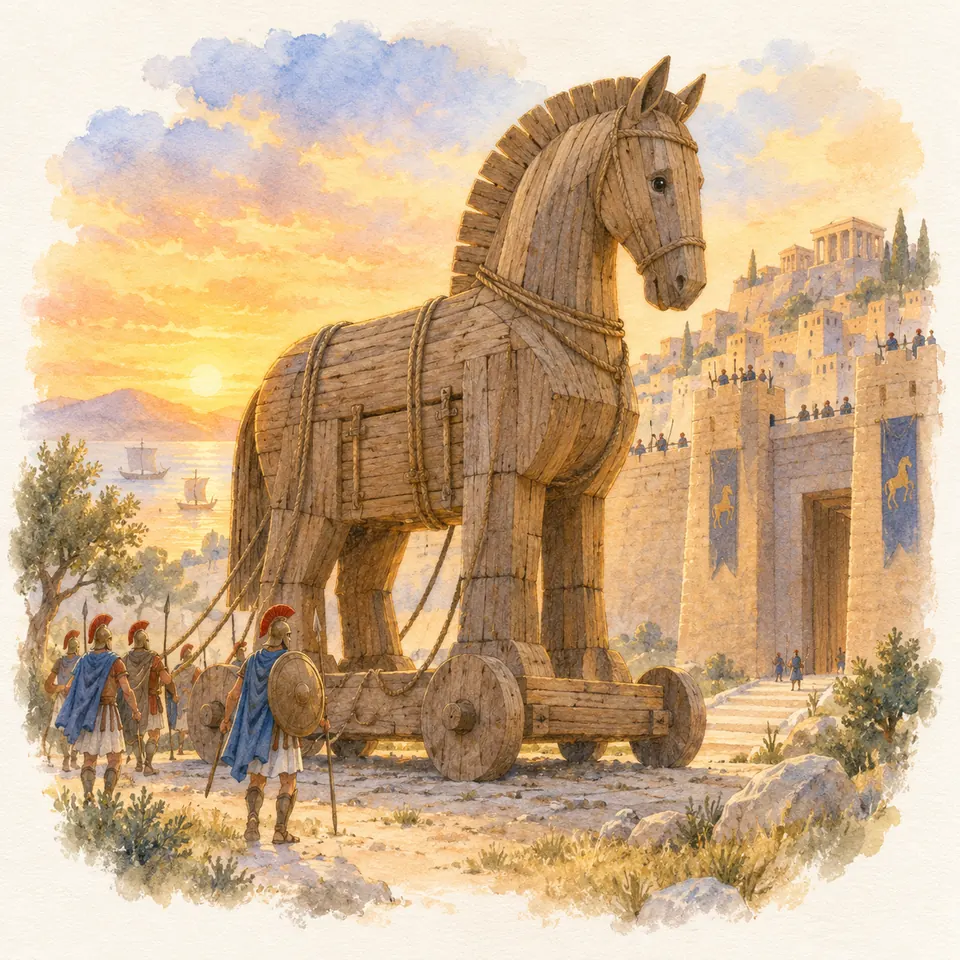 Cheval de Troie, grand cheval de bois posé sur une plateforme à roues, entouré de soldats devant les remparts d’une cité