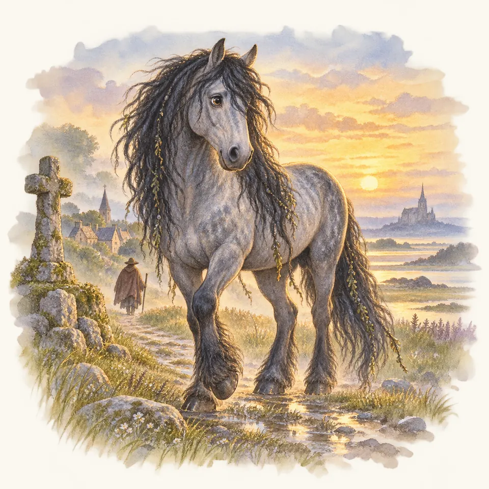 Cheval Mallet, cheval gris aux longs crins noirs mêlés de végétation, avance sur un chemin humide près d’une croix de pierre