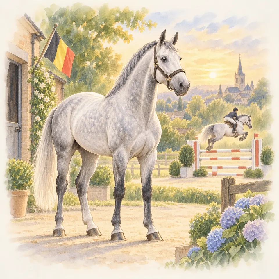 Cornet Obolensky, cheval gris en licol devant une écurie, tandis qu’un cavalier franchit un obstacle en arrière-plan