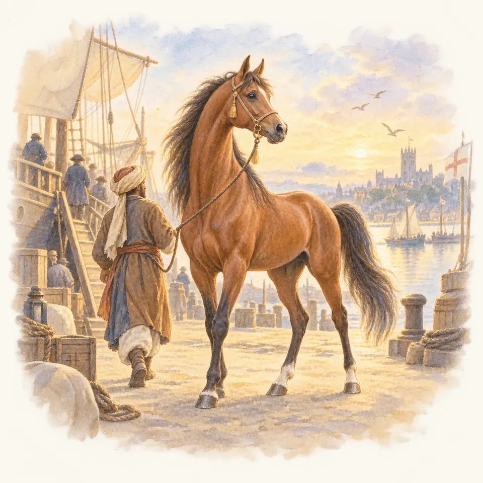 Darley Arabian, cheval bai tenu en main par un homme en turban sur un quai, près de voiliers et de caisses
