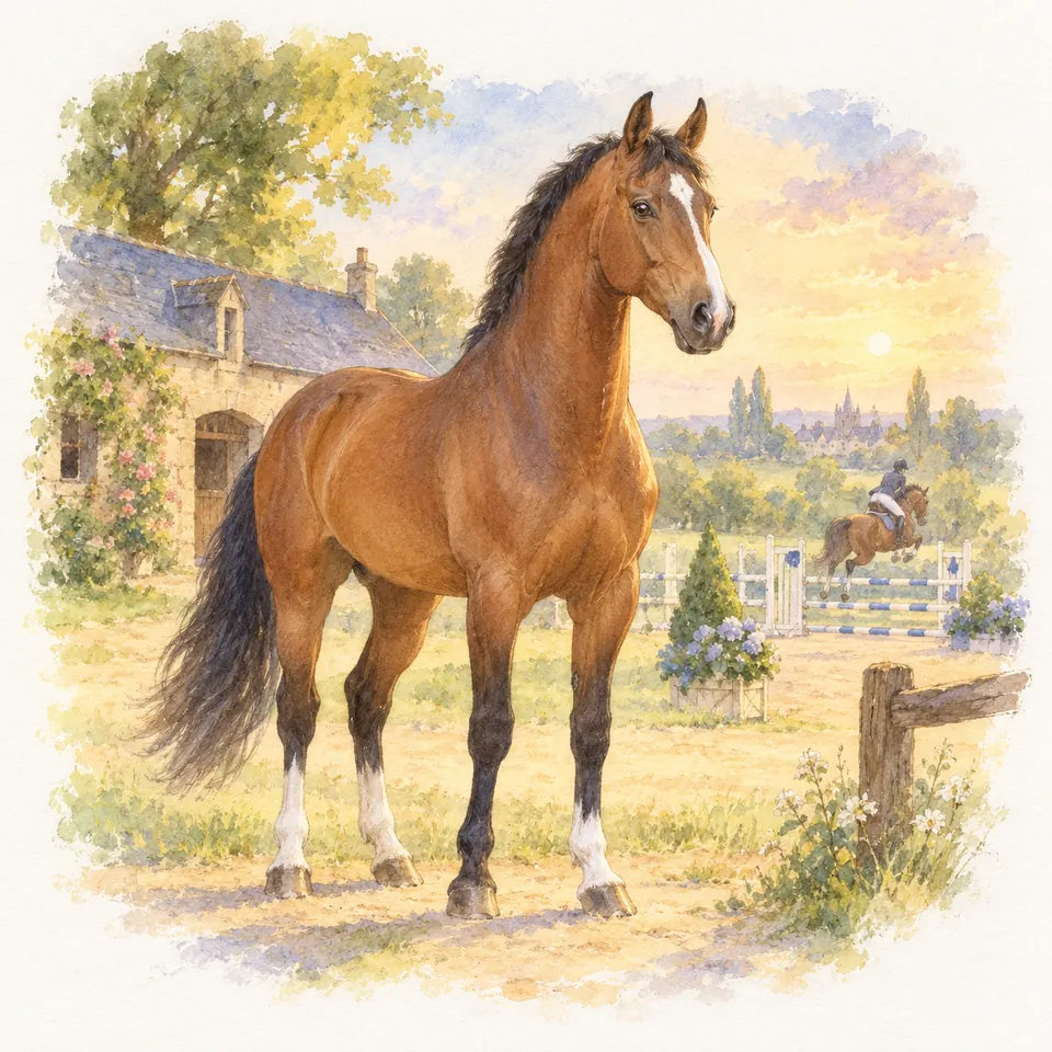 Diamant de Semilly, cheval bai devant une écurie en pierre, avec un cavalier sautant un obstacle en arrière-plan