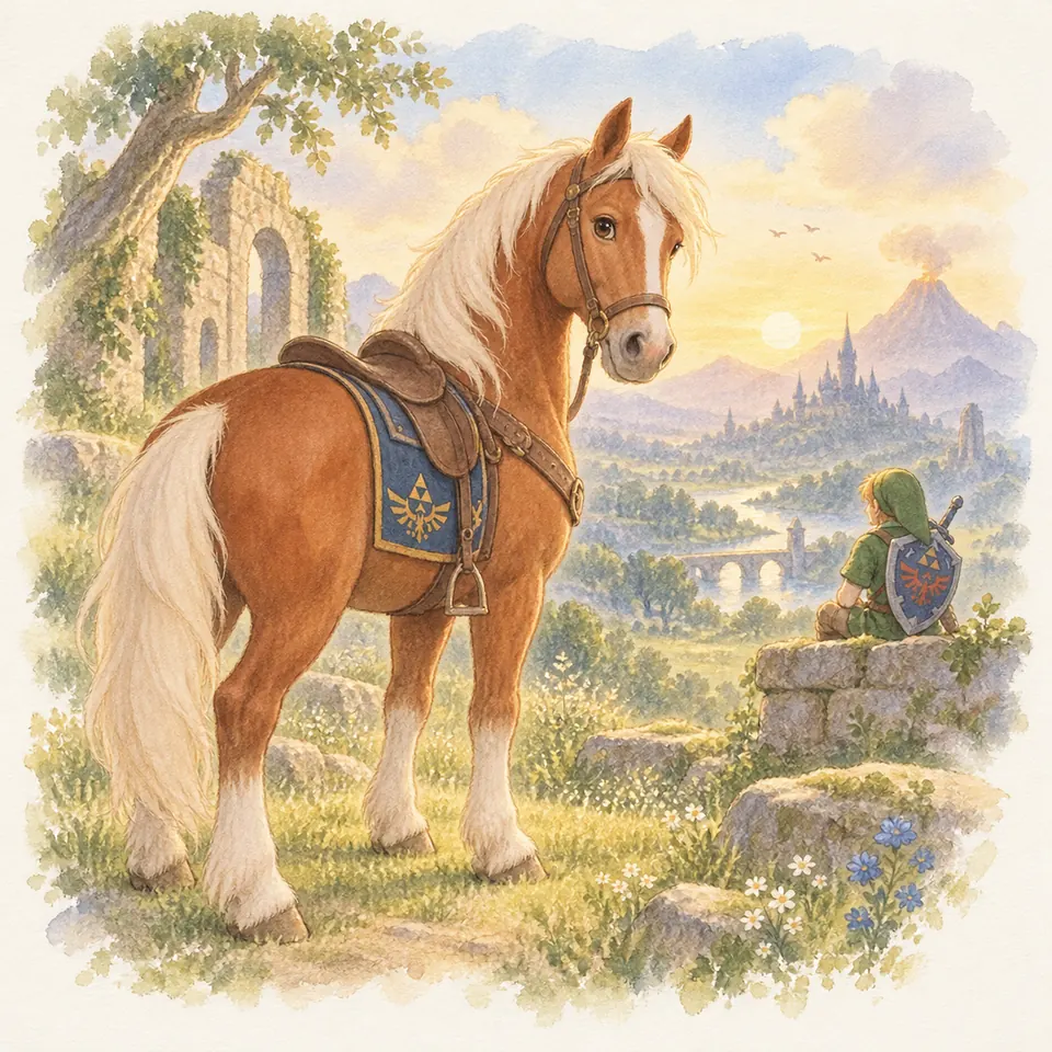 Epona, jument alezane aux crins lavés, sellée près de ruines, avec un personnage vêtu de vert assis face à une vallée
