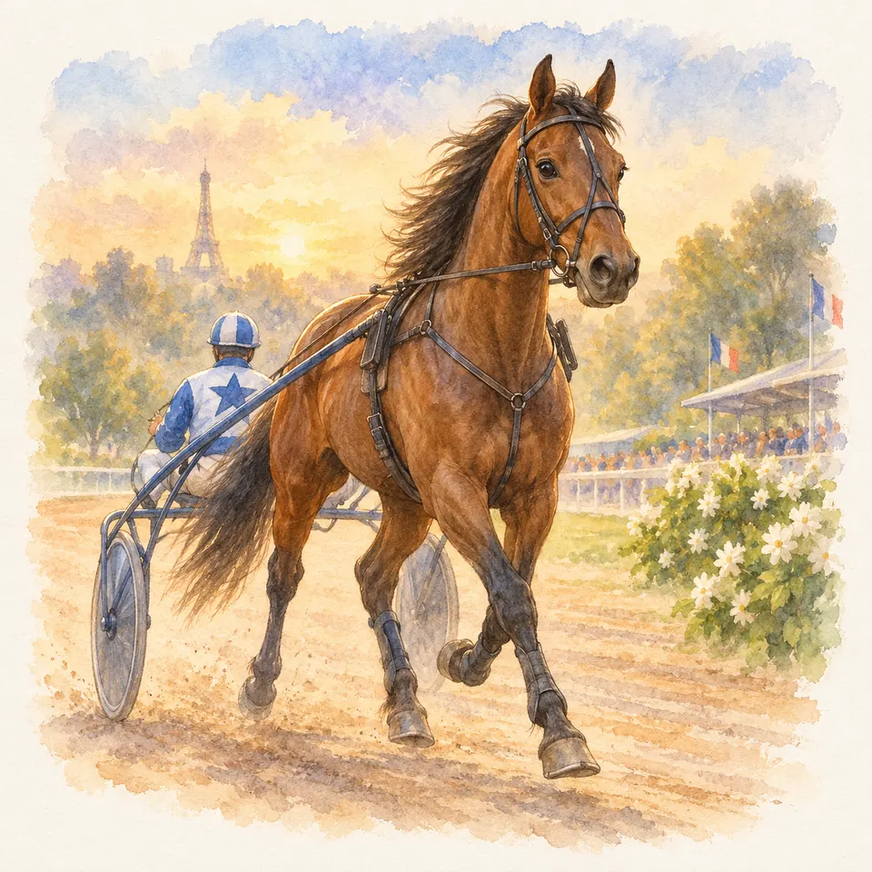Face Time Bourbon, cheval bai attelé à un sulky, trotte sur une piste devant les tribunes et la tour Eiffel