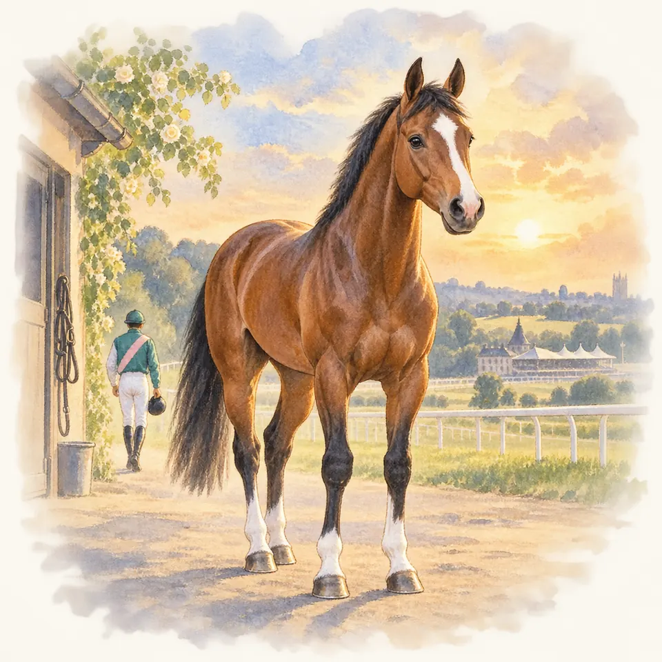 Frankel, cheval bai à liste blanche et balzanes, se tient près d’une écurie tandis qu’un cavalier s’éloigne