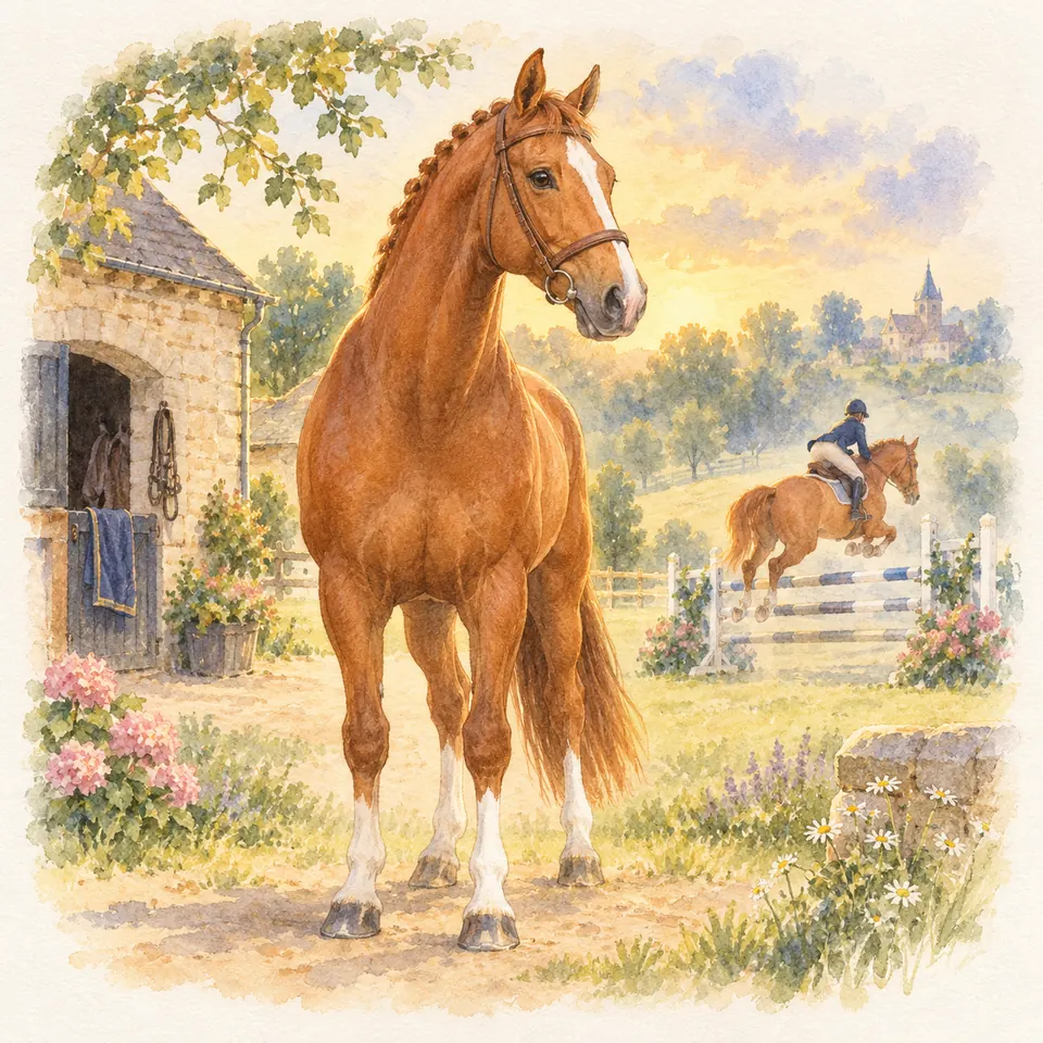 Galoubet A, cheval alezan à la crinière nattée, se tient devant une écurie, avec un cavalier à l’obstacle au fond