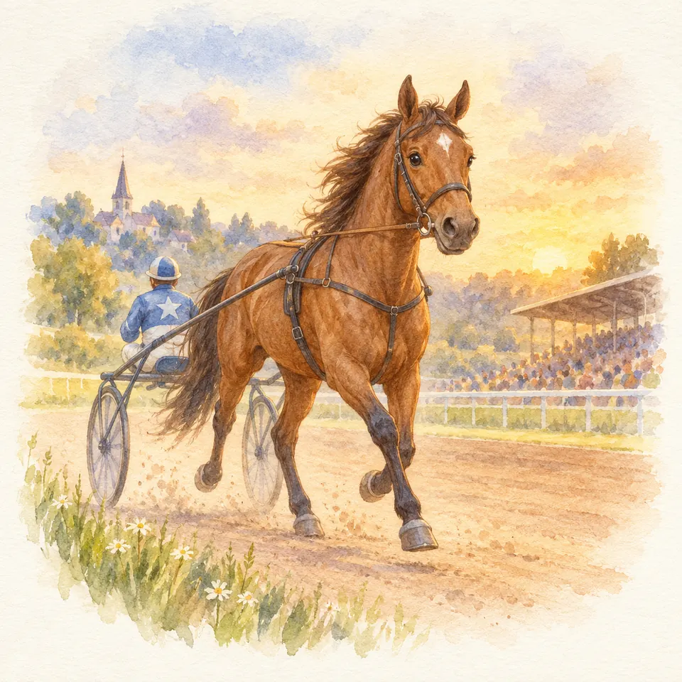 Général du Pommeau, cheval bai attelé à un sulky, trotte sur la piste d’un hippodrome devant les tribunes