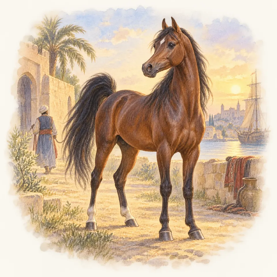 Godolphin Arabian, cheval bai à la queue relevée, se tient près d’un mur en pierre, avec un voilier au port