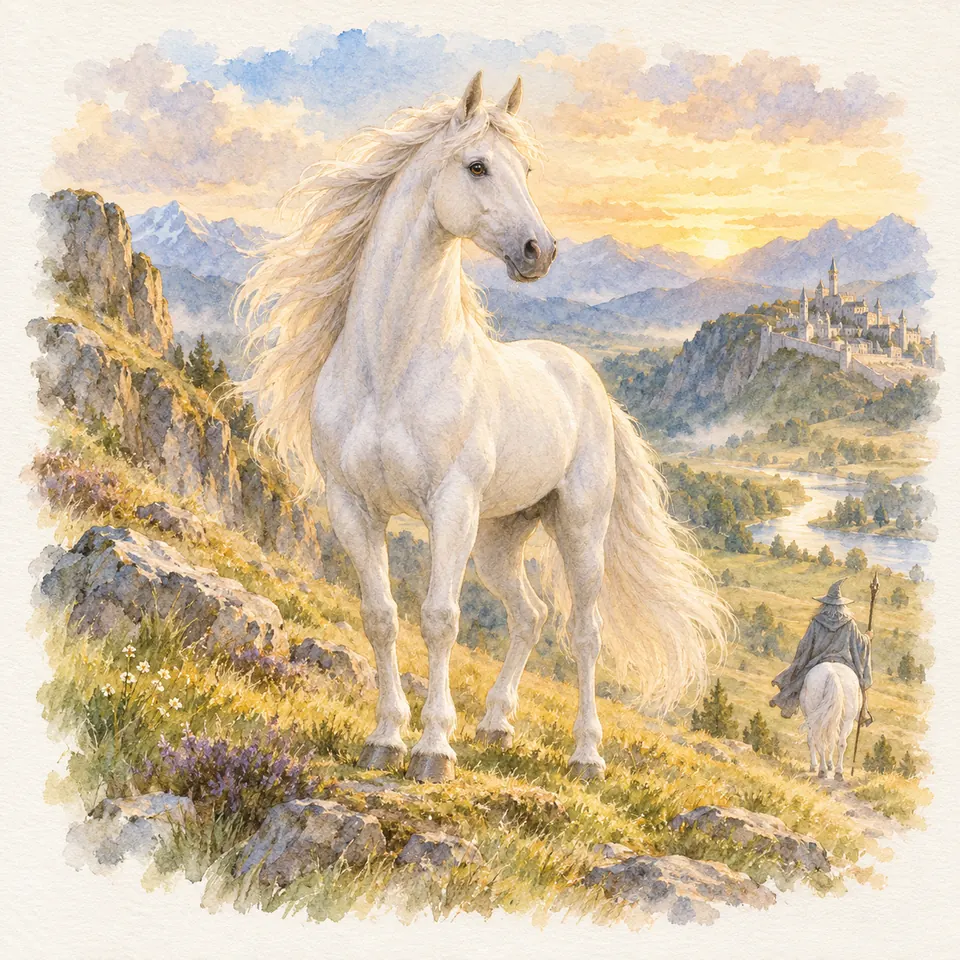 Gripoil, cheval gris à la longue crinière, se tient sur une pente rocheuse, avec un cavalier et un château au loin