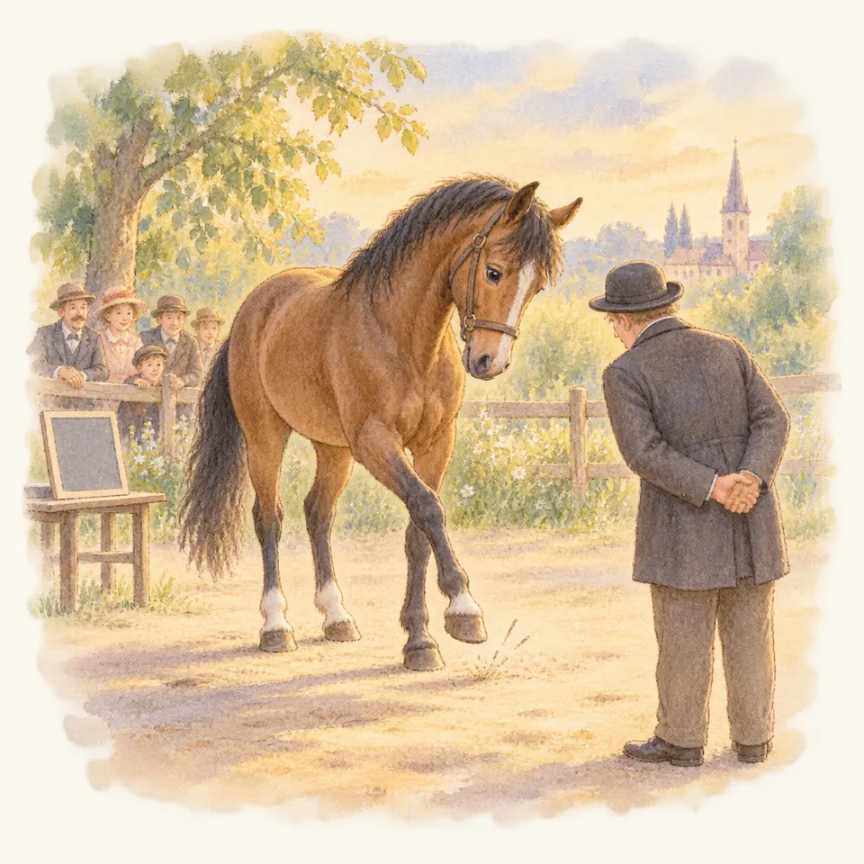 Hans le Malin, cheval bai, lève un antérieur devant un homme en chapeau, près d’une ardoise et de spectateurs