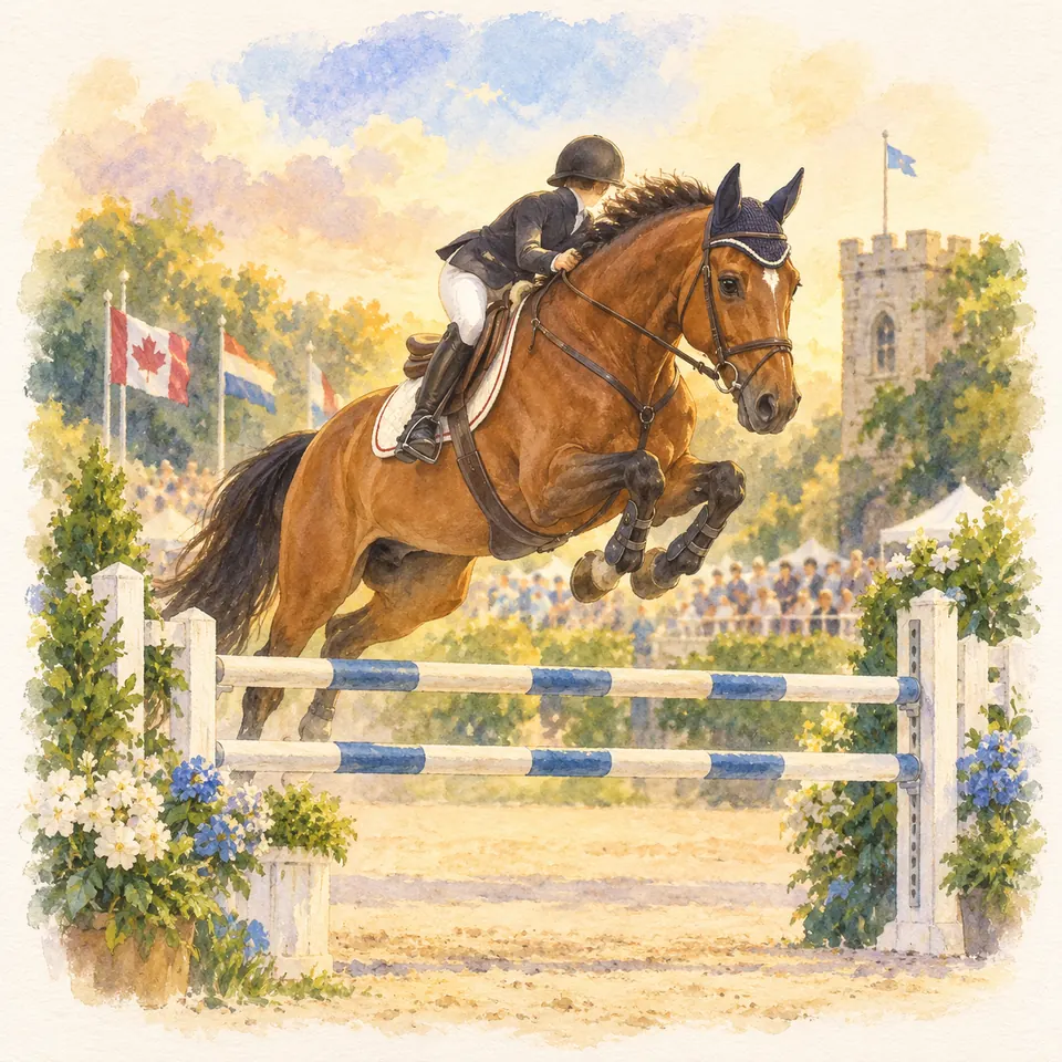 Hickstead, cheval bai monté par un cavalier en tenue de concours, franchit un obstacle à barres bleues et blanches