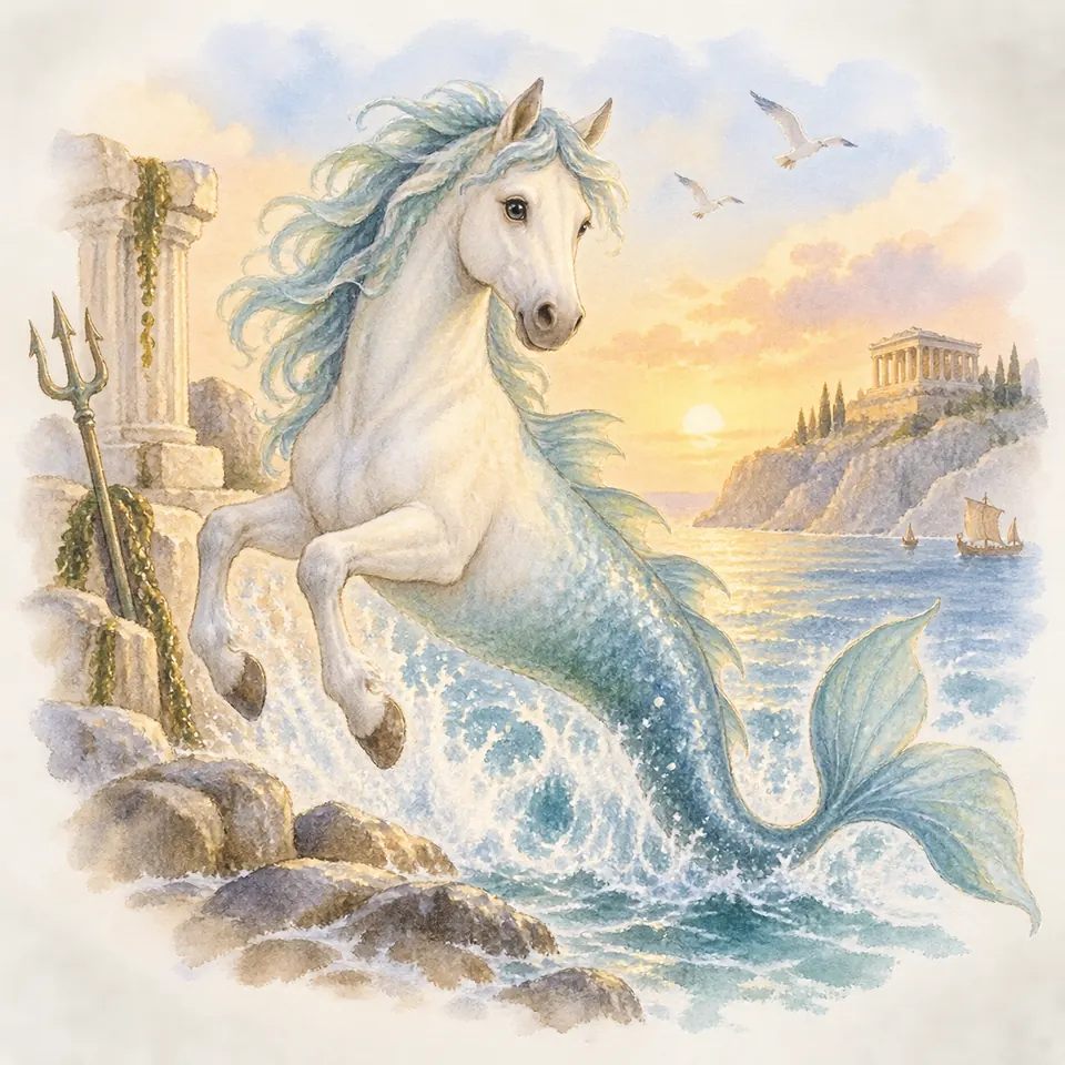 Hippocampe, cheval blanc à queue de poisson, surgit des vagues près de colonnes antiques et d’un trident