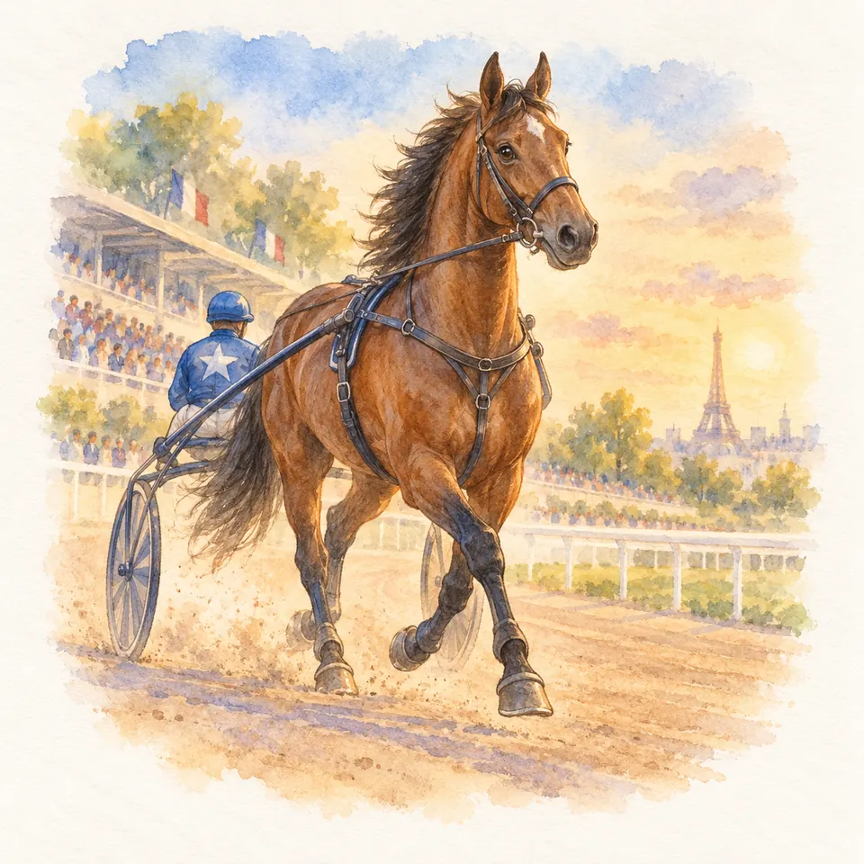 Idao de Tillard, cheval bai attelé à un sulky, trotte sur une piste avec un driver en bleu devant les tribunes
