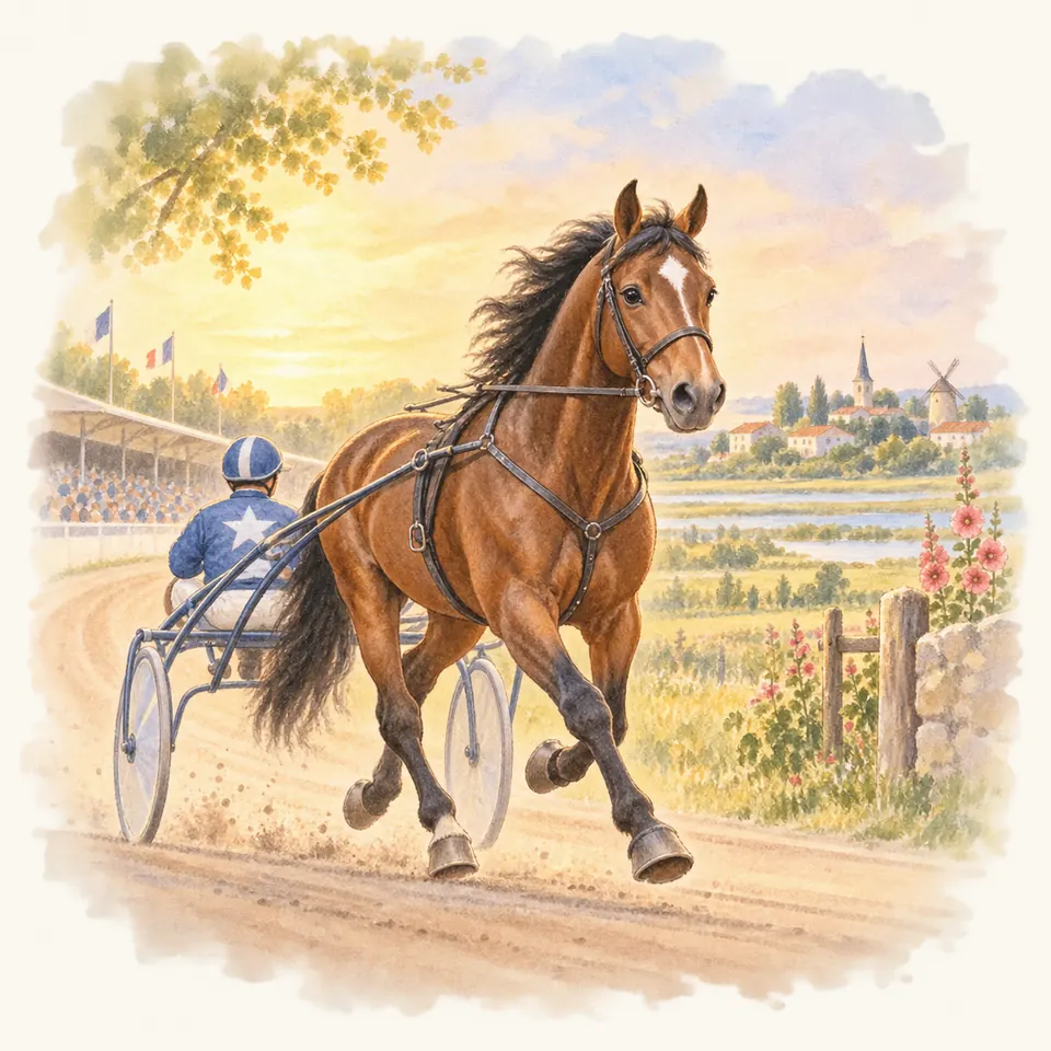 Idéal du Gazeau, cheval bai attelé à un sulky, trotte avec un driver en bleu sur une piste bordée de fleurs
