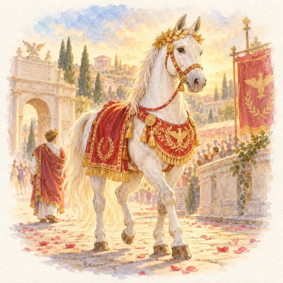 Incitatus, cheval gris paré de rouge et d’or, marche sur une voie pavée entre des monuments romains