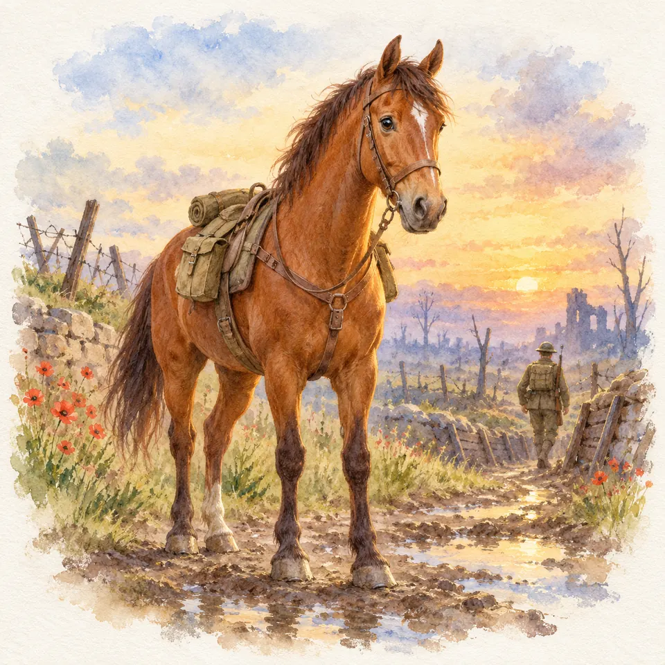 Joey, cheval bai portant une selle et des sacoches, se tient sur un chemin boueux près d’un soldat et de barbelés