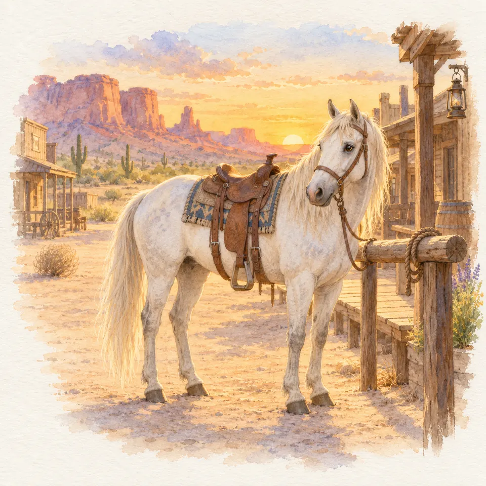 Jolly Jumper, cheval gris équipé d’une selle western, est attaché devant des bâtiments en bois dans le désert