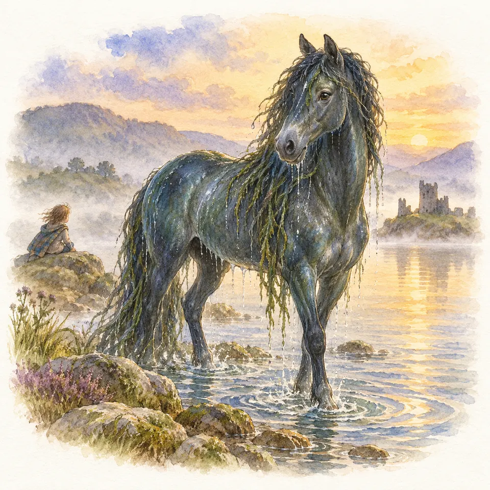 Kelpie, cheval noir aux crins couverts d’algues, se tient dans un lac près d’une personne assise sur un rocher