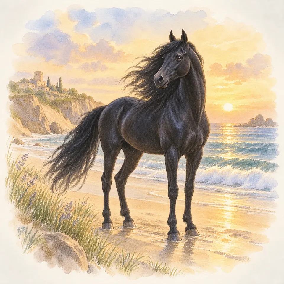 L’Étalon noir, cheval noir aux longs crins soulevés par le vent, se tient sur une plage au coucher du soleil