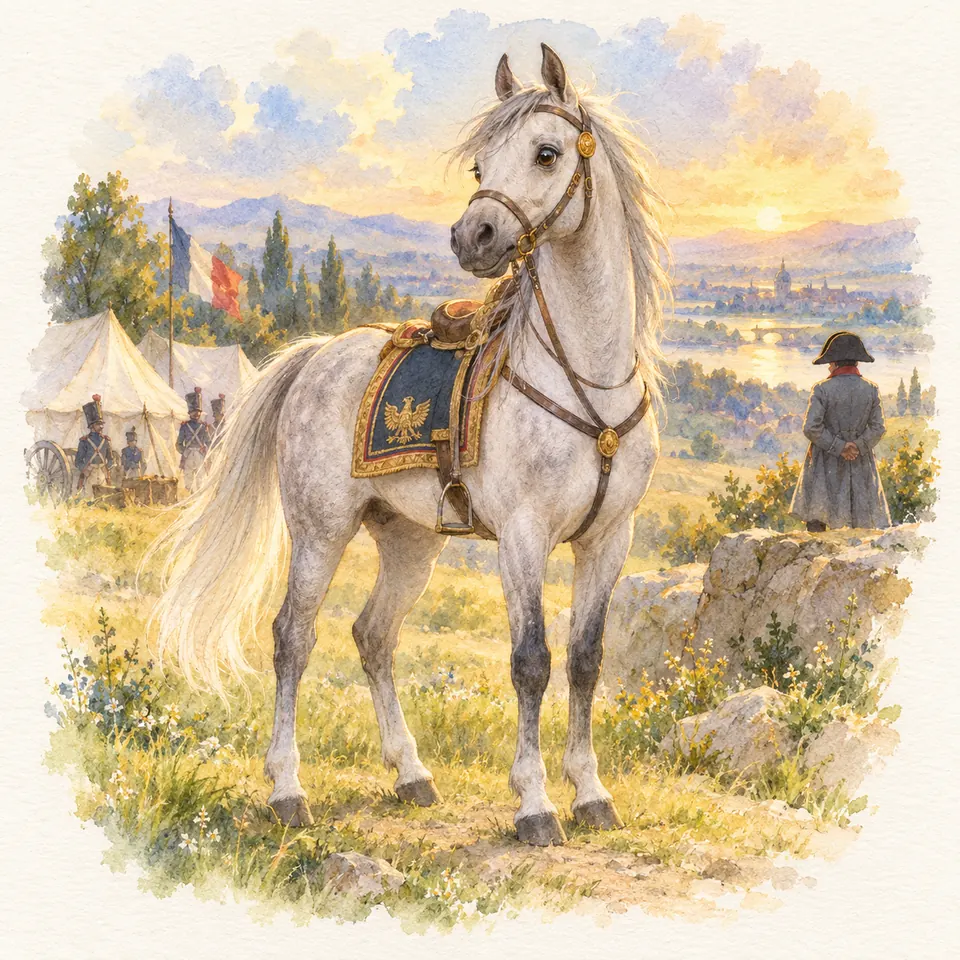 Le Vizir, cheval gris sellé et bridé, se tient près de tentes militaires et d’un homme en manteau coiffé d’un bicorne