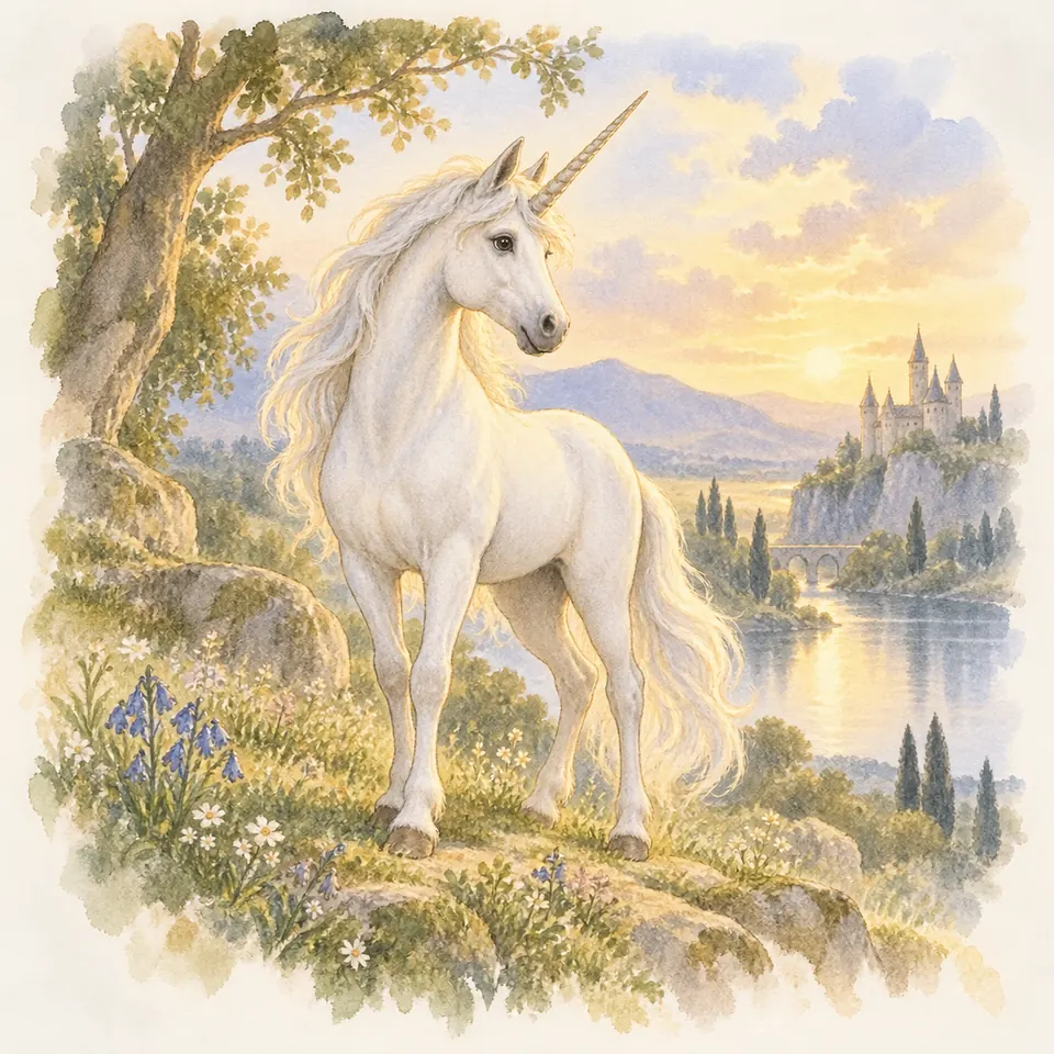 Licorne, cheval blanc portant une longue corne torsadée, se tient sous un arbre près d’un lac et d’un château
