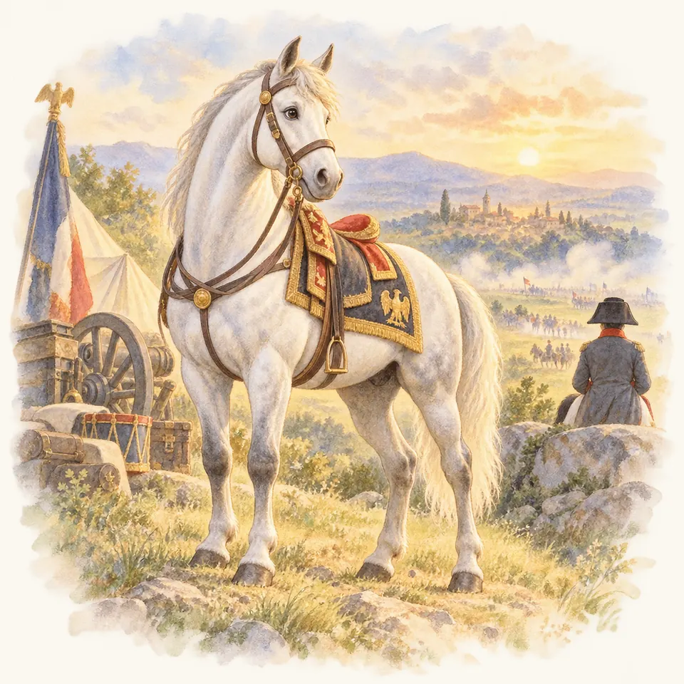 Marengo, cheval gris sellé et bridé, se tient près d’un canon et d’un drapeau tricolore, devant des rangs de soldats