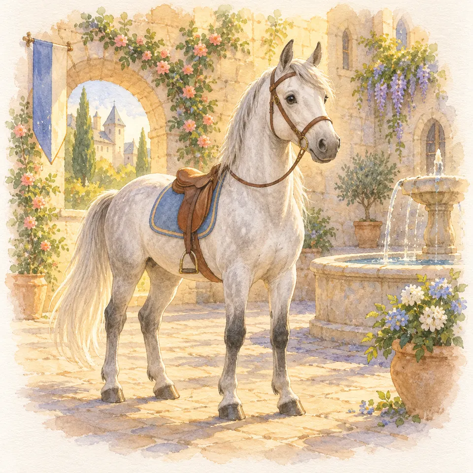 Maximus, cheval gris sellé sur un tapis bleu et bridé, se tient près d’une fontaine dans une cour pavée fleurie