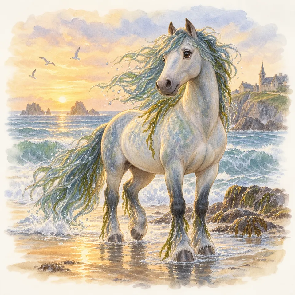 Morvarc’h, cheval gris à la crinière mêlée d’algues, se tient dans les vagues au bord d’une plage rocheuse