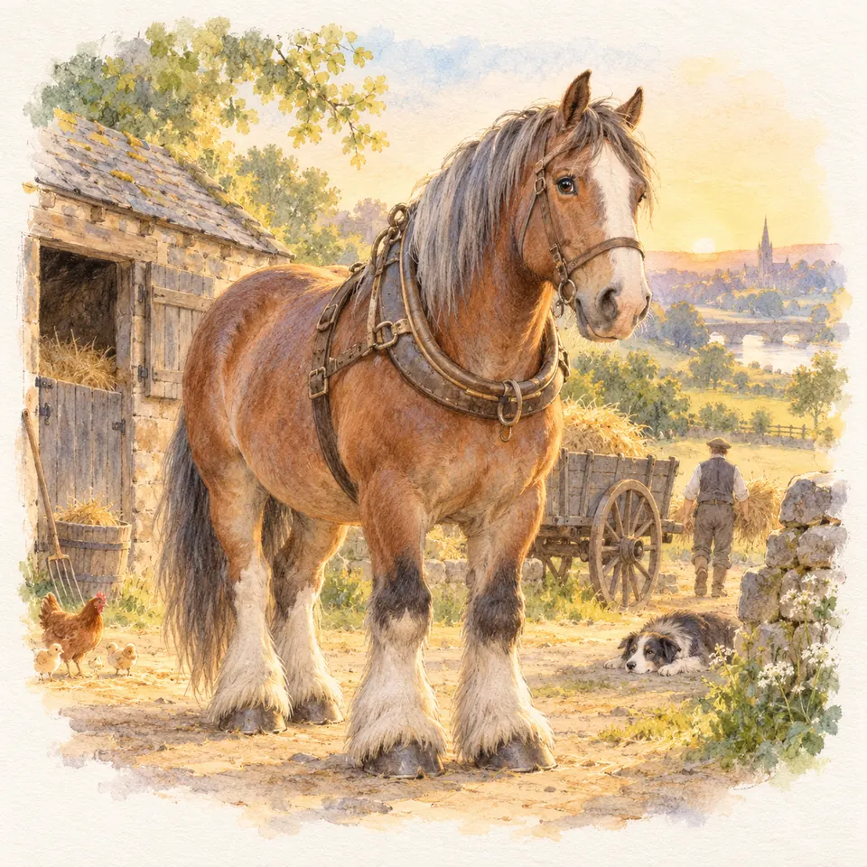 Old Billy, cheval bai harnaché à la longue crinière grise, se tient devant une grange, près d’une charrette de foin