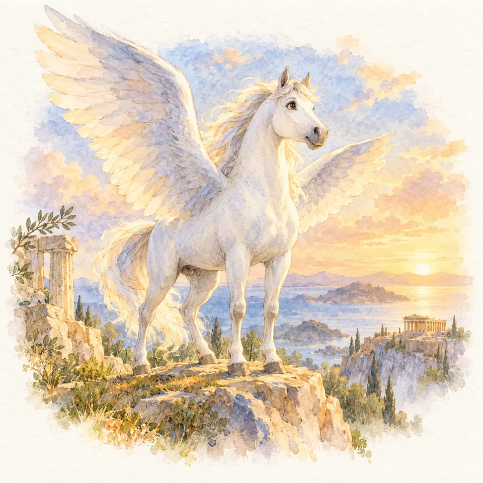 Pégase, cheval blanc aux grandes ailes déployées, se tient sur un promontoire rocheux au-dessus de la mer et de temples