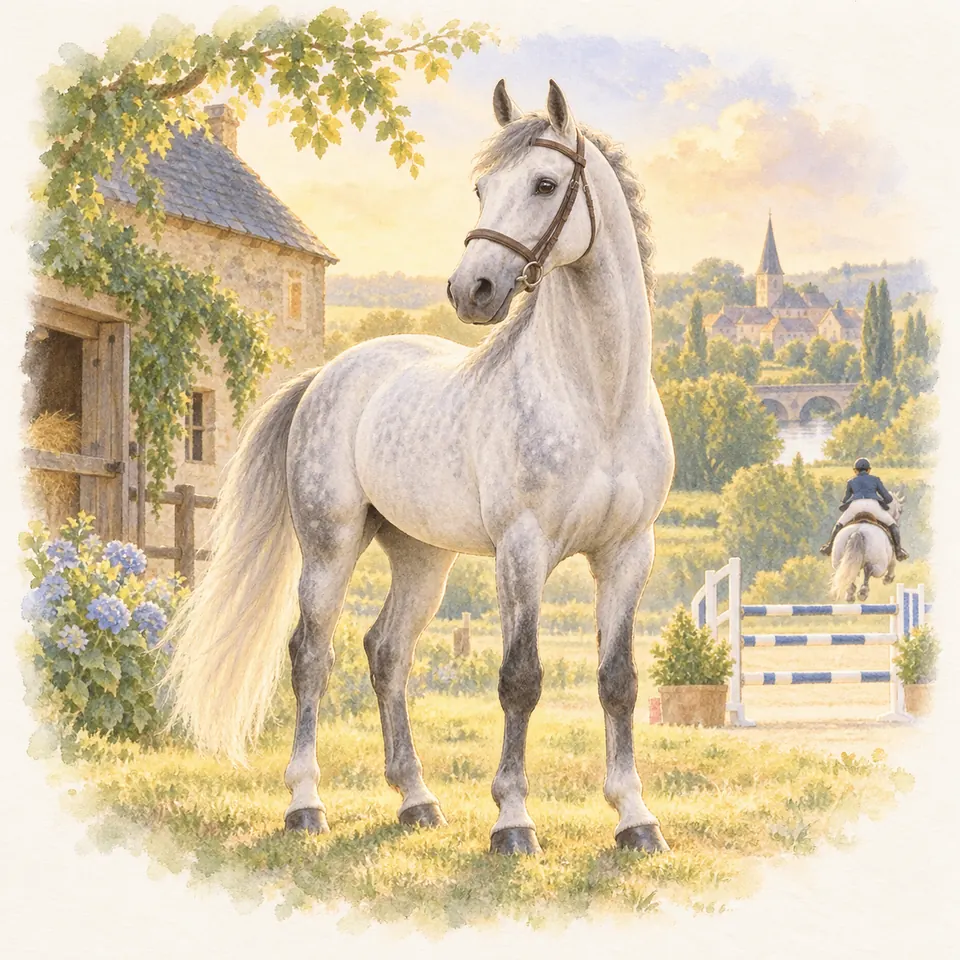 Pégase du Mûrier, cheval gris portant un bridon, se tient près d’une écurie, avec un cavalier et un obstacle au fond